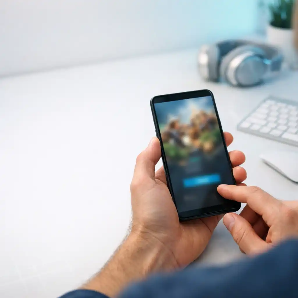 Kéz Android telefont tart egy világos íróasztalnál a mobiljáték letöltése előtti pillanatban